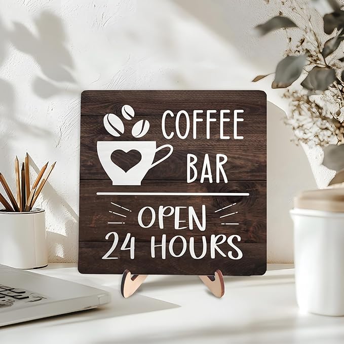 Coffee Bar Sign Plaque Decor, Vintage Farmhouse Kitchen Counter Sign for Coffee Station Kitchen Office,Cafe Bar Accessories, Open 24 Hours Mini Bar Decor(Brown4, 5.9x5.9inches)