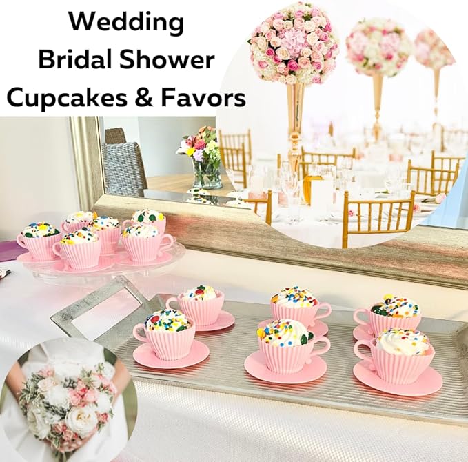 Evelots Baking Cupcake Molds - Silicone Teacup Set - 12 Pc Set - Oven-Safe - Nonstick - Muffin Cups for Bridal/Baby Shower, Birthday/Tea Party - 6 Cups & 6 Saucers - BPA Free