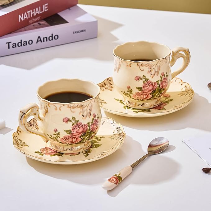 Tea Cups and Saucers Set of 2, 8 Oz Ivory Rose Floral Porcelain Teacup and Saucer Set with Spoon, Vintage Tea Cups with Gold Trim, European Style (Pink Rose)
