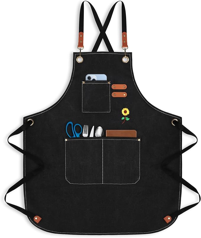 100% Cotton Canvas Apron | Unisex Cooking Apron for Men & Women with 3 Pockets & Adjustable Crossback Straps
