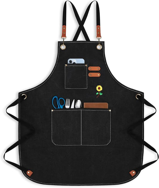 100% Cotton Canvas Apron | Unisex Cooking Apron for Men & Women with 3 Pockets & Adjustable Crossback Straps