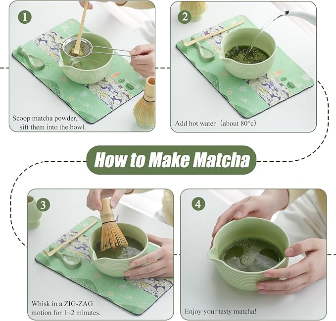 Clay&Fire Matcha Whisk Set, Ceramic Matcha Set, Matcha Bowl with Spout and Whisk, 9 pcs Matcha Tea Kit for Matcha Lovers, Ideal Gift Christmas, Birthday (Green)