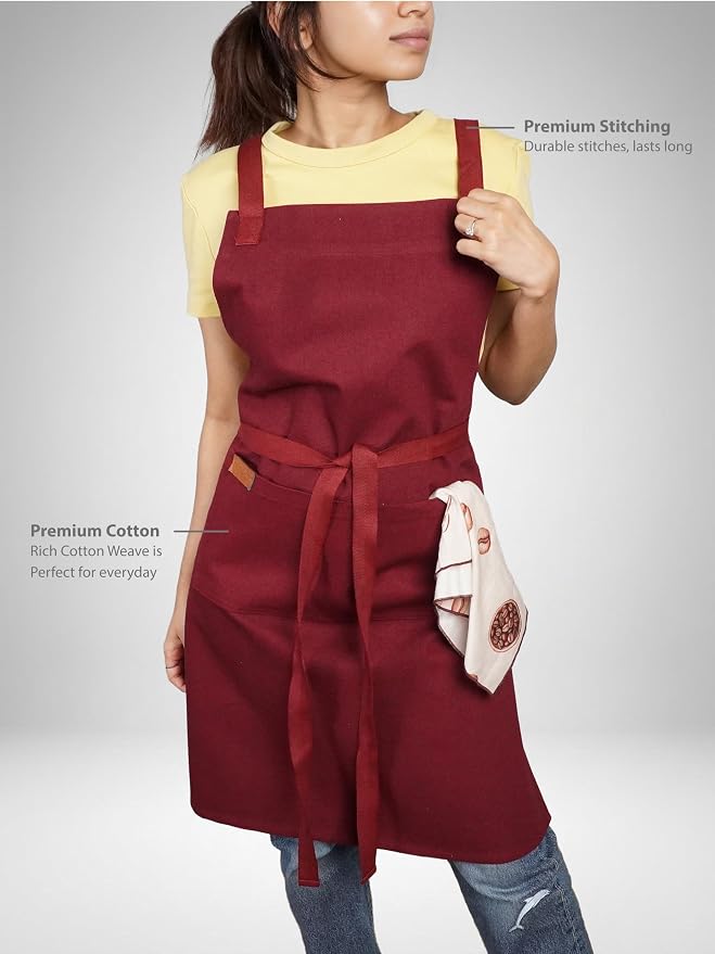 Cotton Crossback Apron with Waterproof Lining, 2 Pockets, Adjustable Water-Resistant Chef Apron - Image 2