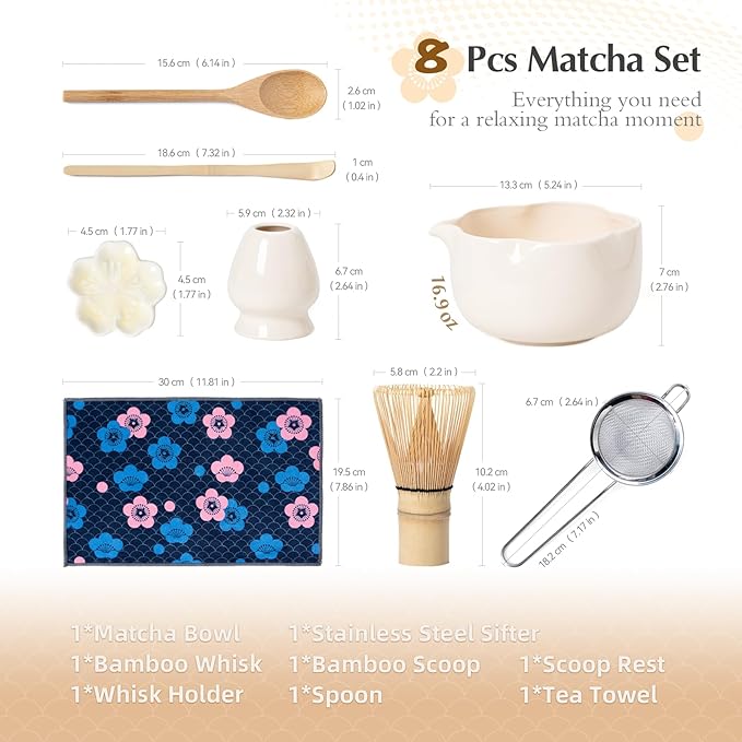 Matcha Set, 8Pcs Floral Ceramic Matcha Kit with Matcha Whisk, Holder, Scoop, Scoop Rest, Sifter, Spoon and Tea Towel - Thoughtful Matcha Whisk Set Gift for Matcha Lovers (Beige)