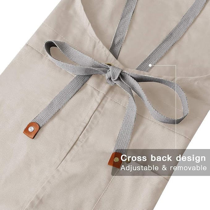 Crossback Apron with Pockets, Apron with Adjustable Straps | Pockets x2, Adjustable & Removable Straps, Canvas, Unique Split Apron for Ceramics, Home, Kitchen, Restaurant,M-XXL (Beige) - Image 4