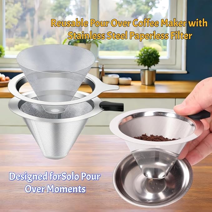 Single Serve Immersion Coffee Maker, Glass Pour Over Coffee Dripper with Reusable Stainless Steel Filter, Manual Coffee Brewer Cup for Home Office Travel-TMF