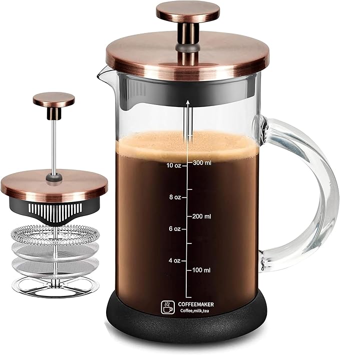French Press Coffee Maker 12 Ounce Espresso Tea Coffee Maker with 4 Filters System, Stainless Steel Plunger and Heat Resistant Borosilicate Glass BPA-Free Brewed Tea Pot Coffee Plunger