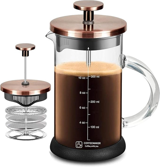 French Press Coffee Maker 12 Ounce Espresso Tea Coffee Maker with 4 Filters System, Stainless Steel Plunger and Heat Resistant Borosilicate Glass BPA-Free Brewed Tea Pot Coffee Plunger