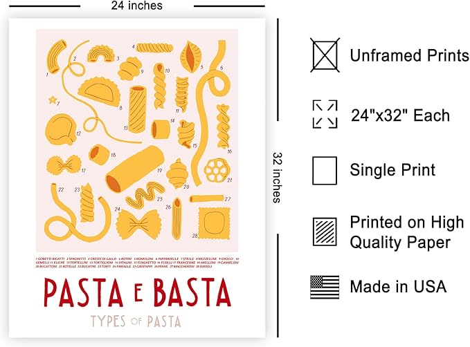 Poster Master Vintage Illustration Poster - Retro Food Print - Types of Pasta, Yellow, Spaghetti, Rotini, Penne - Gift for Artist, Chef - Wall Decor for Kitchen, Restaurant, 24x32 Unframed Wall Art