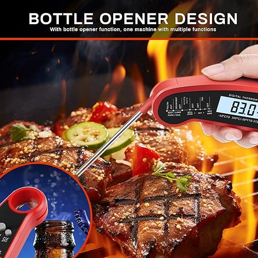 Digital Instant Read Food Thermometer with Backlight, LCD Display, Calibration Function, Built-in Bottle Opener for Grilling, BBQ, Turkey, Candy, Liquid Temperature Measurement, Red