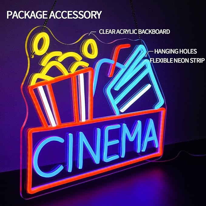 Cinema Neon Sign Dimmable Movie Neon Light Sign for Wall Decor Film Theater Led Signs for Home Bar Movie Night Party Man Cave Film Room Gift 15.7" x 12.2"