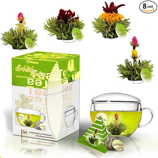 Creano Bloomning Tea Gift Set with Tea-Glass 7oz and 8 Tea-Flowers in Cup Size - Green Tea - Gift for Women, Mother, Tealovers