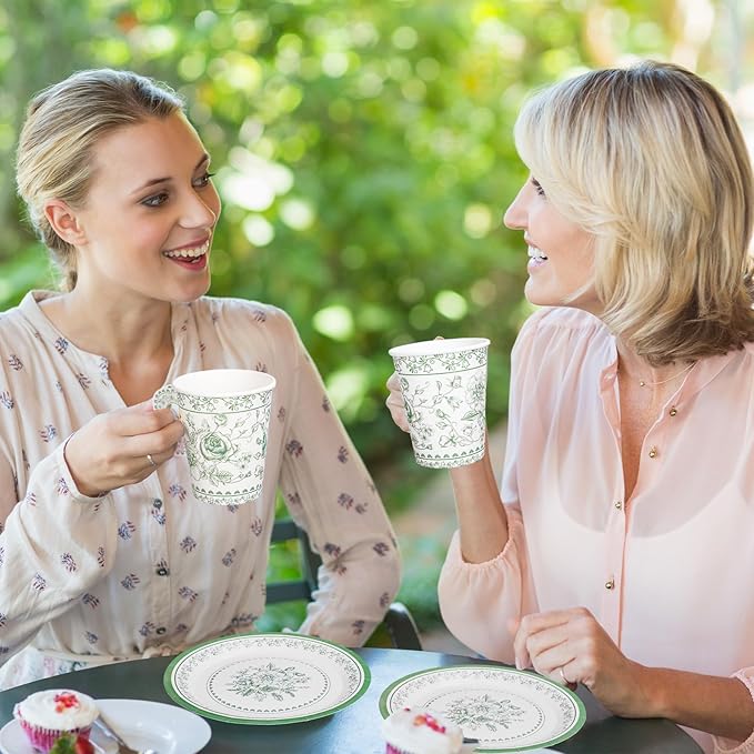 Whaline 80 Pcs Green White Floral Paper Tea Cups and Saucers Porcelain Chinoiserie Flower 9oz Disposable 40 Teacups with Handle and 40 Dessert Plates for Wedding Baby Shower Birthday Spring Tea Party