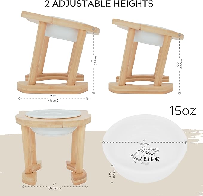 Rênasci® Elevated Ceramic Cat Food Dish Bowl, Adjustable Height, Raised Eco-Bamboo Wood Rack, Sturdy Pet Feeder, Tilted Angle for Cats