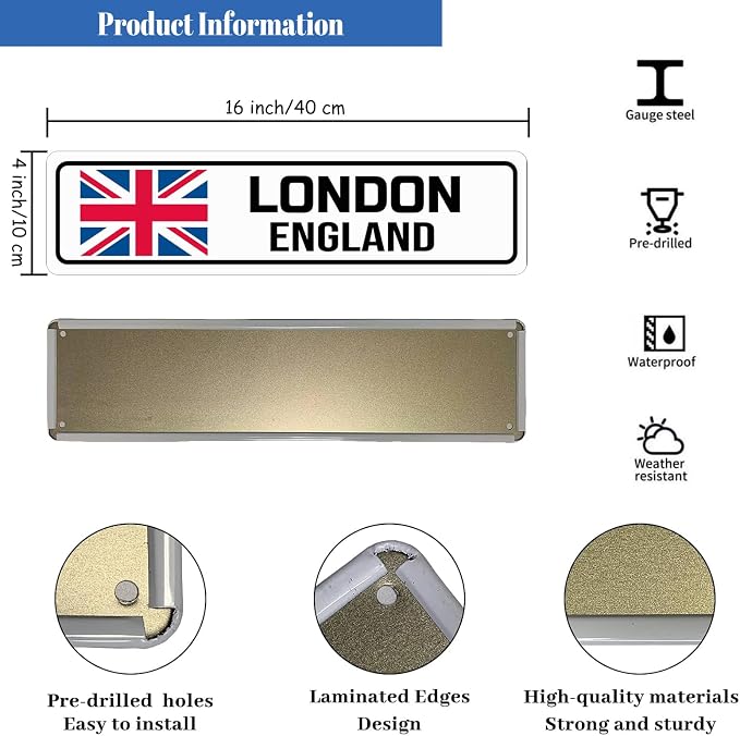London England Sign Man Cave Metal Tin Signs Street Road Sign for Cafes Bar Pub Beer Club Wall Home Decor 16X4 Inches - Image 2