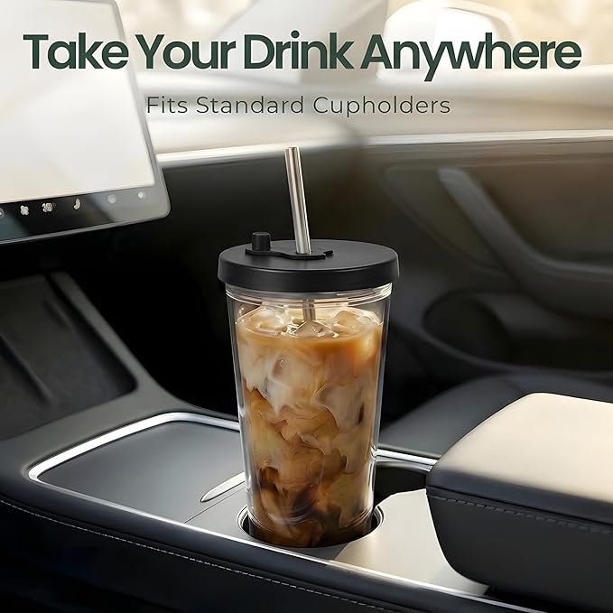Reusable Iced Coffee Cup (16 Oz/Grande), Leak Proof and Double Wall Insulated Iced Coffee Tumbler, Come with Reusable Plastic and Metal Straws and Straw Cleaner - Black
