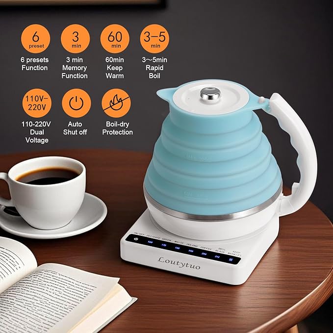 Ultrathin Food Grade Silicone Travel Foldable Electric Kettle Variable Temperature Control with Travel Bag, Dual Voltage & Auto Shut off & Boil Dry Protection & Keep Warm, 555ML 100-240V US Plug