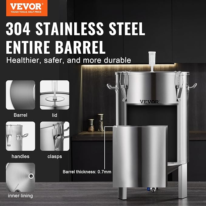 VEVOR Fermentation Tank 16 Gal,Stainless Steel Beer Brew Fermentor, Brew Bucket Fermentor for Home Brewing with Conical Base Brewing Equipment