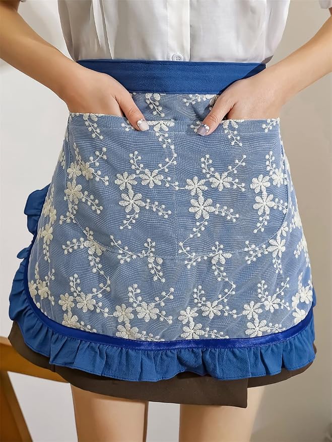 Unisex Chef Aprons White Retro Cotton Maid Short 2 Pockets Waist Waiter Waitress Half Apron - Image 6