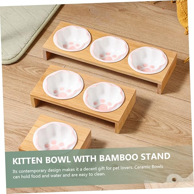 Whisker Friendly Cat Bowl Elevated Ceramic Pet Bowl Bamboo Rack Cat Food Indoor Dishes