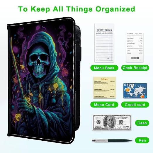 Server Books for Waitress, with 7 Large Pockets, Waiter Serving Book, Waitstaff Server Order Pads, Cute PU Leather Server Book with Pen Holder Fit Server Apron, Skull Death - Image 5
