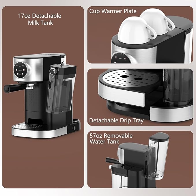 COWSAR Espresso Machine 20 Bar, Commercial Latte & Cappuccino Machine with Automatic Milk Frother, for Ground Coffee & Capsules, Dual Boiler, 57oz Water Tank, Expresso Machines for Home, Touchscreen