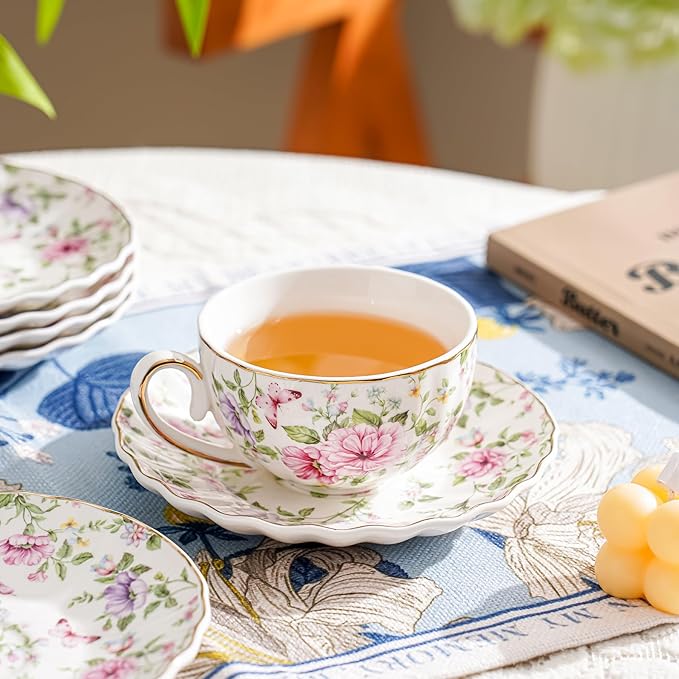 Tea Cup and Saucers, 6.4oz Floral Tea Cups with Gold Trim, Coffee Cappuccino Espresso Latte Mugs for Party Birthday,Christmas Gift (Pink and purple flowers)