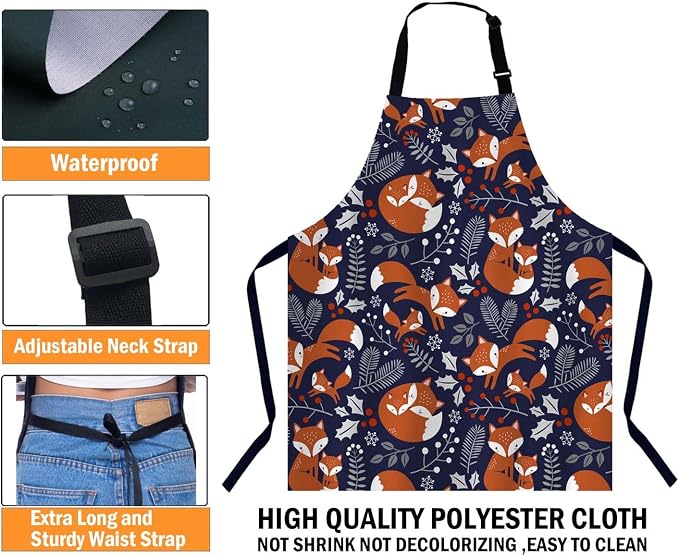 Cute Fox Family Waterproof Apron Kitchen Chef Aprons Bibs for Grooming Cooking Baking Painting Gardening - Image 3
