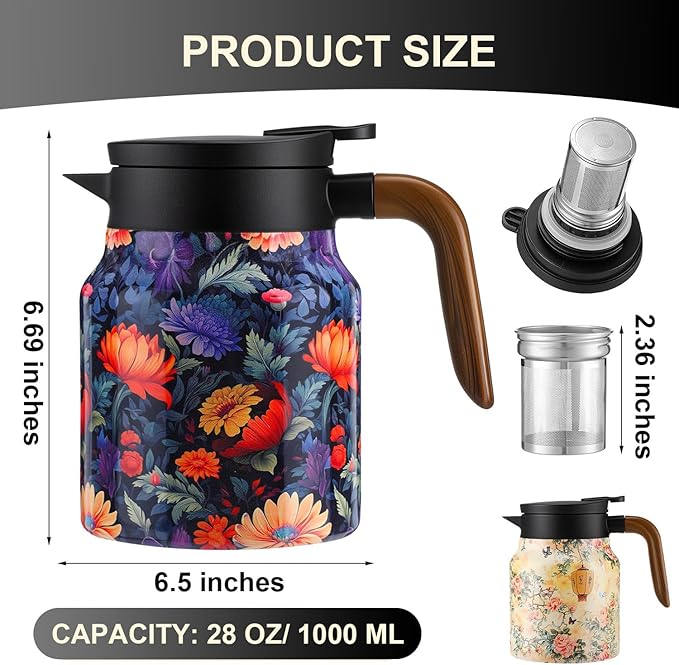 Insulated Tea Pots,Vintage Floral Pattern Tea Pot-Built-in Infuser,Colorful Vintage Floral Pattern Teas,Stainless Steel Teapot 1000mL with Lid for Hot Drinks,Pink(Wooden Handle,35OZ)