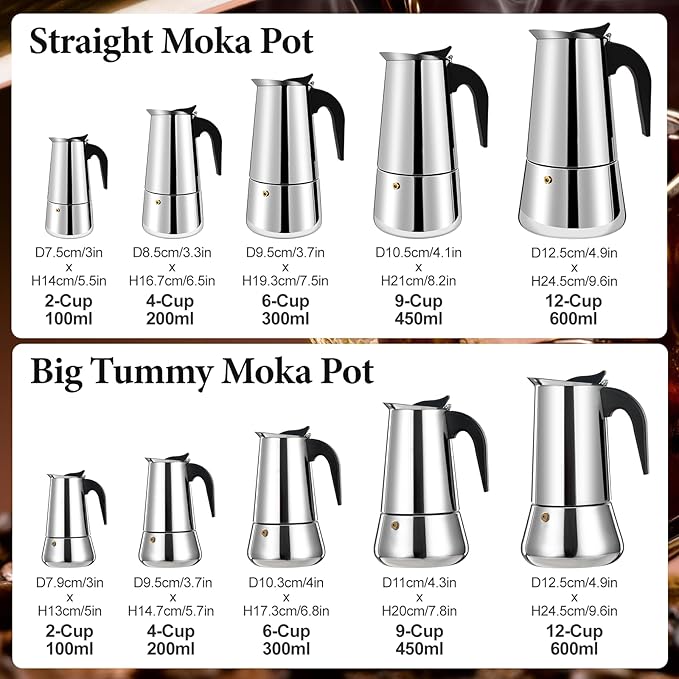 4 Cup Stainless Steel Moka Pot Stovetop Espresso Maker Italian Coffee Machine 200ml 6.6oz Suitable for Gas Induction Stovetop Mocha Greca Coffee Maker Percolator Straight