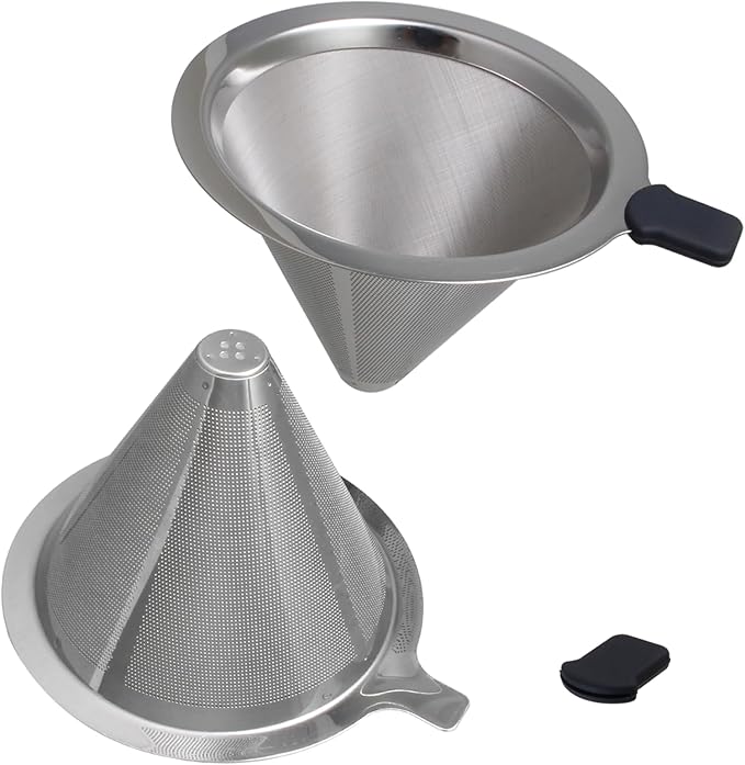 Double Mesh Pour Over Coffee Filter Set-300+600 Mesh Reusable Stainless Steel Coffee Filter with Detachable Handle,Easy Clean,2-in-1 for Drip/Cold Brew/Espresso,Fits Most V60/Chemex Brewers
