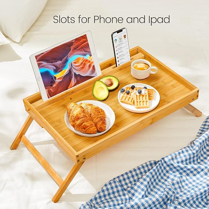 Bamboo Bed Tray Table, Large Breakfast Tray with Folding Legs, Multipurpose Serving Tray Use As Portable Laptop Snack Table, for Working, Eating, Reading by Pipishell