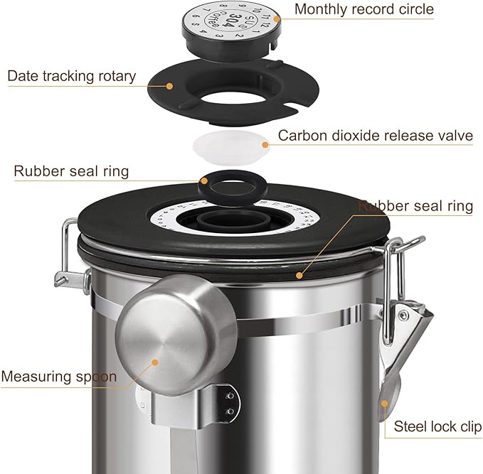 2.8L Airtight Vacuum Coffee Canister, Stainless Steel Storage Container for Coffee Beans and Grounds with Scoop.Suitable for coffee powder, coffee beans, rice, tea leaves, sugar, flour, and grains