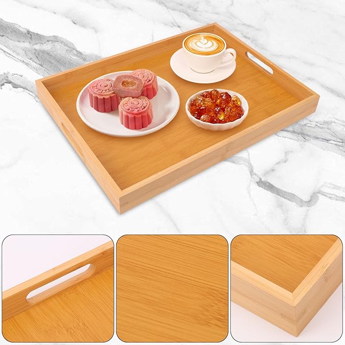 4 Pack Large Bamboo Serving Tray with Handles - 16 x 11.6 Inch Wooden Dinner Tray, Home Kitchen Decorative Tray, Breakfast Trays for Eating on Couch, Lap Trays, Coffee, Kitchen, Picnic