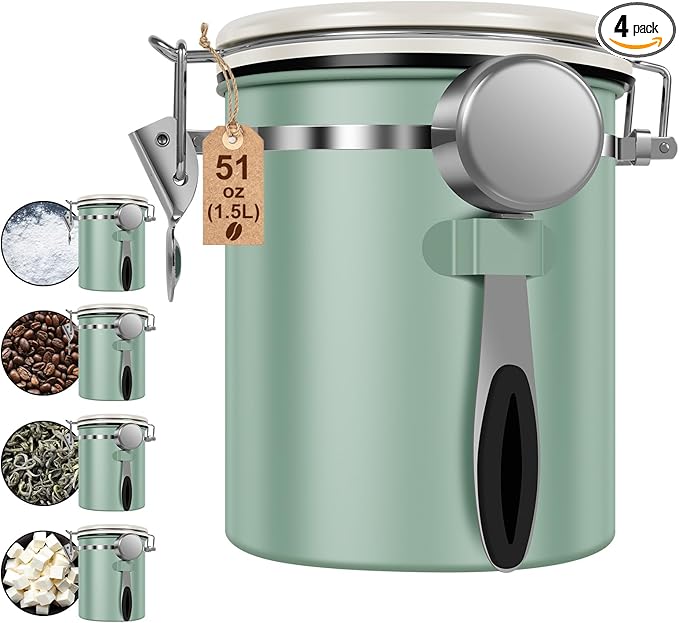 4PCS Coffee Storage Canister 1.5L 51OZ Double Airtight Coffee Beans Container with Date Locator 304 Stainless Steel Kitchen Food Storage Container with Spoon For Coffee Beans Grounds Tea Sugar