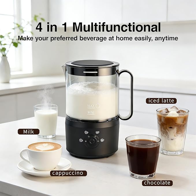 Milk Frother, 4-in-1 Electric Milk Steamer(10oz/300ml)，Automatic Hot and Cold Foam Maker for Iced Coffee, Lattes, Cappuccinos & Macchiatos, Non-Stick Interior, Black.