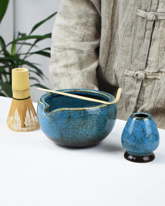 Artcome Matcha Tea Set – 20.2oz Premium Matcha Bowl with Spout, Whisk, Scoop, Whisk Holder & Brewing Guide – Authentic Japanese Tea Ceremony Tools for Perfect Matcha Preparation, Blue