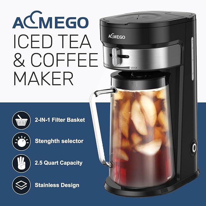 Iced Tea Maker, Brewing System with 2.5-quart Glass Pitcher, sliding strength selector, Stainless Steel Decoration, Reusable Filter (Black)
