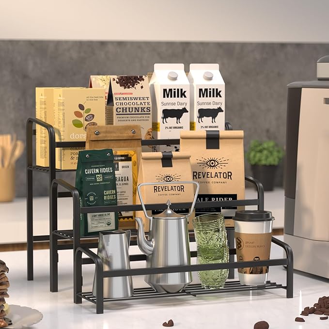DTUQYX Coffee Syrup Organizer 3-Tier, 12 Bottles Capacity Coffee Syrup Rack,Metal Syrup Stand for Spice, Wine, Liquor, Bottle, Coffee Bar Station Racks Magnetic, No Installation
