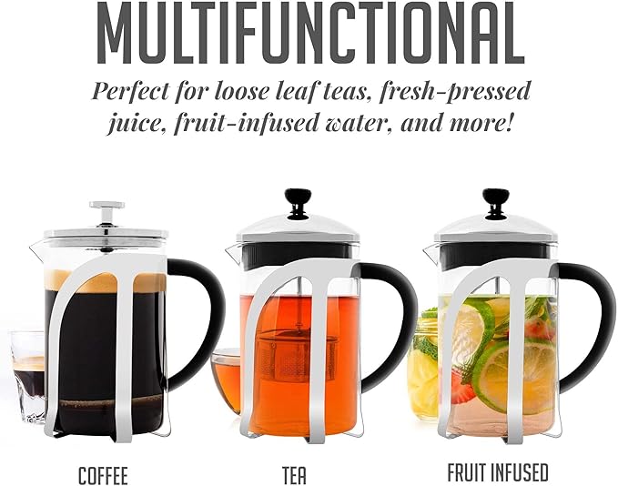 OVENTE French Press Coffee Maker, 27oz Heat Resistant Borosilicate Glass, BPA-Free Brewing Pot with 4-Level Filter System and Stainless Steel Plunger for Cold Brew Coffee, Tea and More, Clear FGC27T