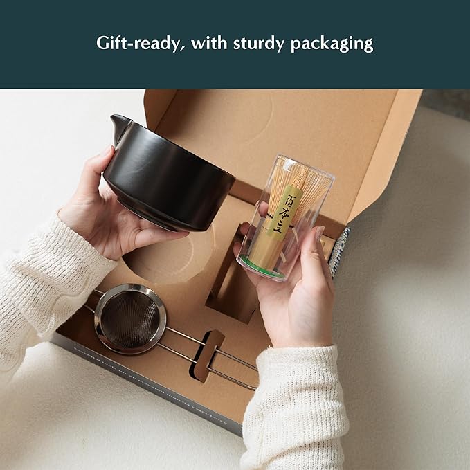Naoki Matcha Complete Matcha Tea Ceremony Set - Includes: Bamboo Matcha Whisk & Bamboo Tea Scoop, Large Stainless Steel Sifter, Black Stoneware Bowl with Spout