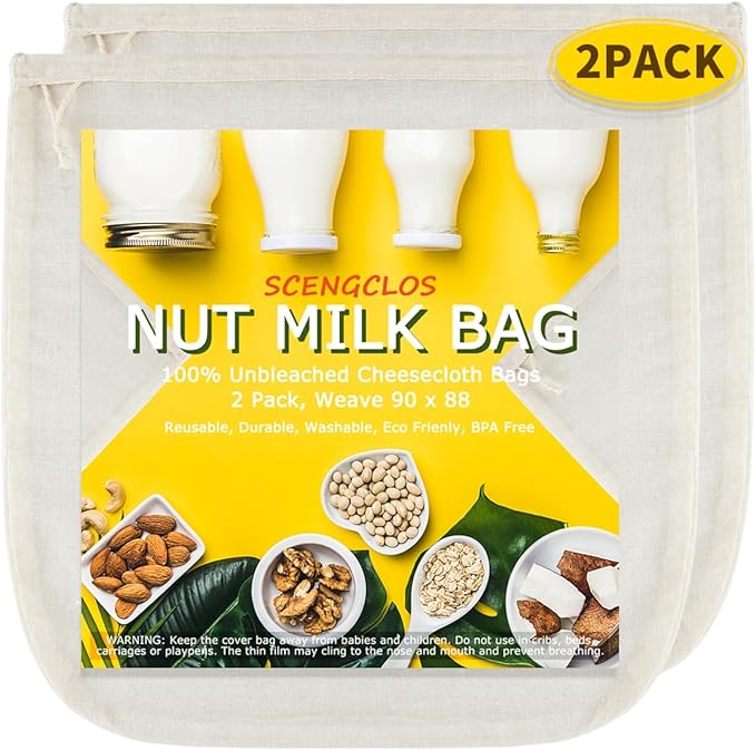 Nut Milk Bags(Upgraded, Weave 90x88), All Natural Cheesecloth Bags 12"x12" 2 Pack, 100% Unbleached Cotton Cloth Bags for Cheese/Tea/Yogurt/Juice/Wine/Soup/Herbs, Washable Reusable Almond Milk Strainer