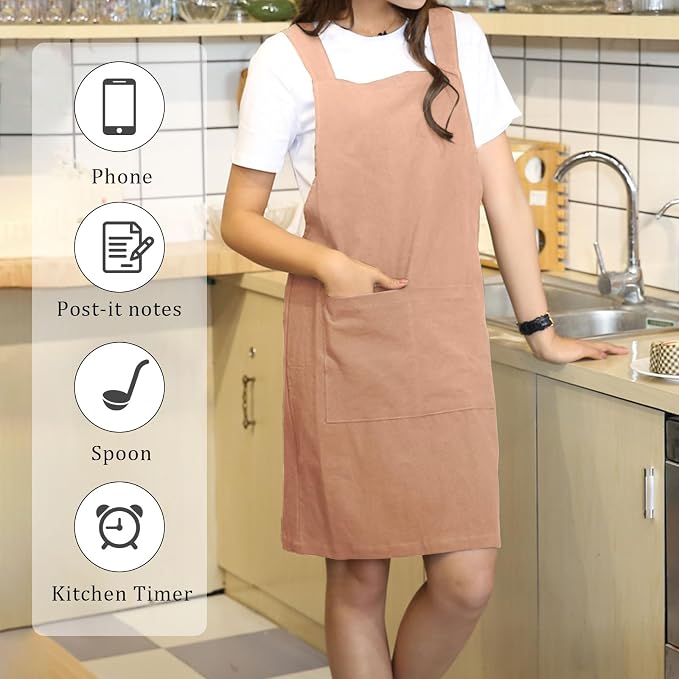 Japanese Style Apron, X Cross Back Strap Aprons, Linen and Cotton Blend Apron, No Tie Design with 2 Practical Front Pockets, Perfect for Women Men Baking Painting Gardening Cleaning (Orange) - Image 5