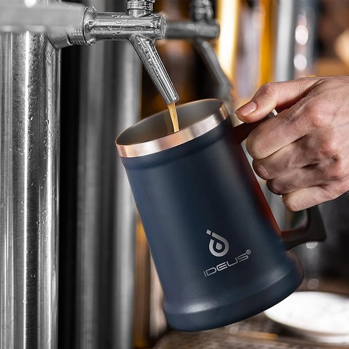 Ideus Insulated Beer Stein, 24/32oz Stainless Steel Double Walled Beer Mug Giant Bar Drinkware Metal Beer Cup with Big Grip Handle (Navy Blue, 24 ounces (710ml))