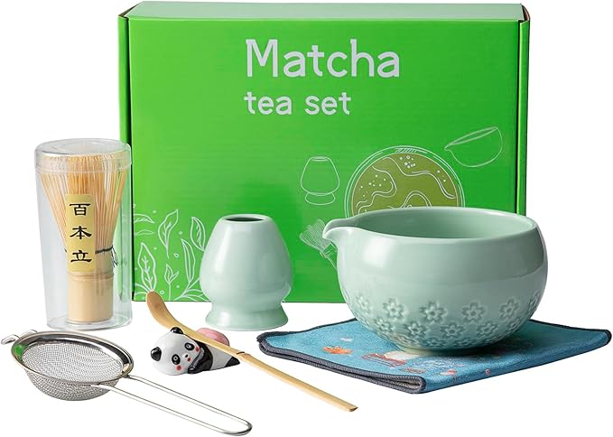 Matcha whisk set, matcha set, including bowl with spout, bamboo whisk, spoon, ceramic stand, stainless steel sieve, towel, perfect matcha starter set (green)