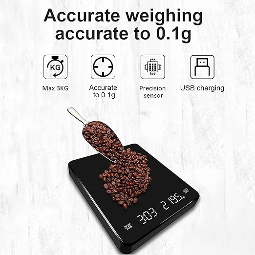 Mini Rechargeable Digital Coffee Scale with Timer, 3Kg/0.1g High Precision Sensor, Waterproof & Heat Resistant 135°C, with Silicone Mat, Ideal for Espresso, Kitchen, and Baking Lovers
