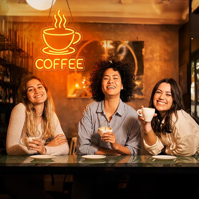 Basaneon Coffee Neon Sign for Wall Decor Dimmable Modern Led Sign for Cafe Shop, USB Powered Coffee Cup Neon Signs Light Up for Cafe Station Accessories Art Decor Party Decorations(15.7 * 12.8inches)