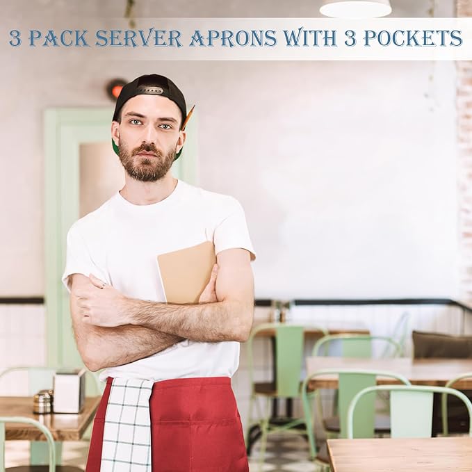 PEASUG Server Apron, Waitress Apron with 3 Pockets, Short Aprons for Women with Pockets for Servers, Waiter, Waitress