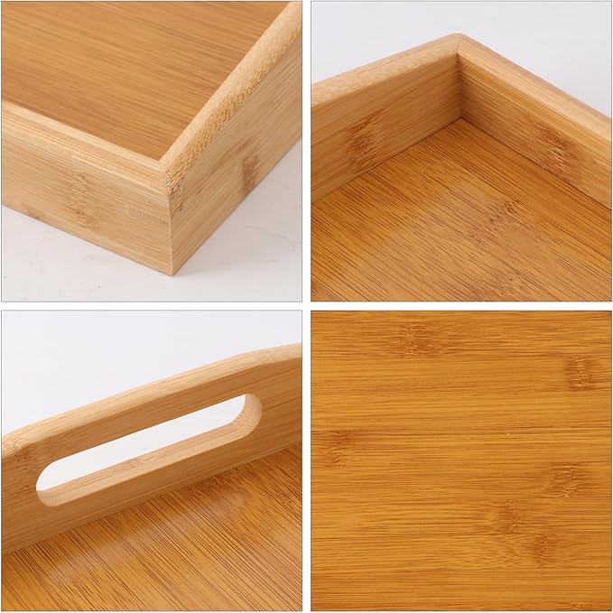 3 PCS Bamboo Serving Tray, Breakfast Bed Tray with Handle, 15 x 10 x 2 Inch Wood Serving Tray for Serving, Breakfast Bed Trays for Eating, Decor, Displaying Cake, Fruit