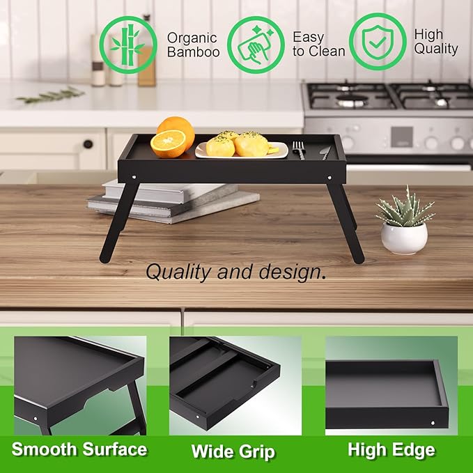 4 Pack Bamboo Bed Tray Table with Folding Legs,Breakfast Trays,Serving Tray,Laptop Trays for Working,Food Snack Tray for Bed and Sofa(Black)